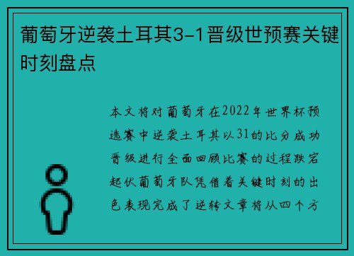 葡萄牙逆袭土耳其3-1晋级世预赛关键时刻盘点
