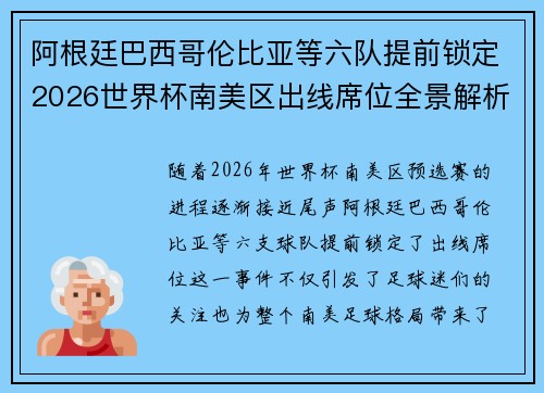 阿根廷巴西哥伦比亚等六队提前锁定2026世界杯南美区出线席位全景解析